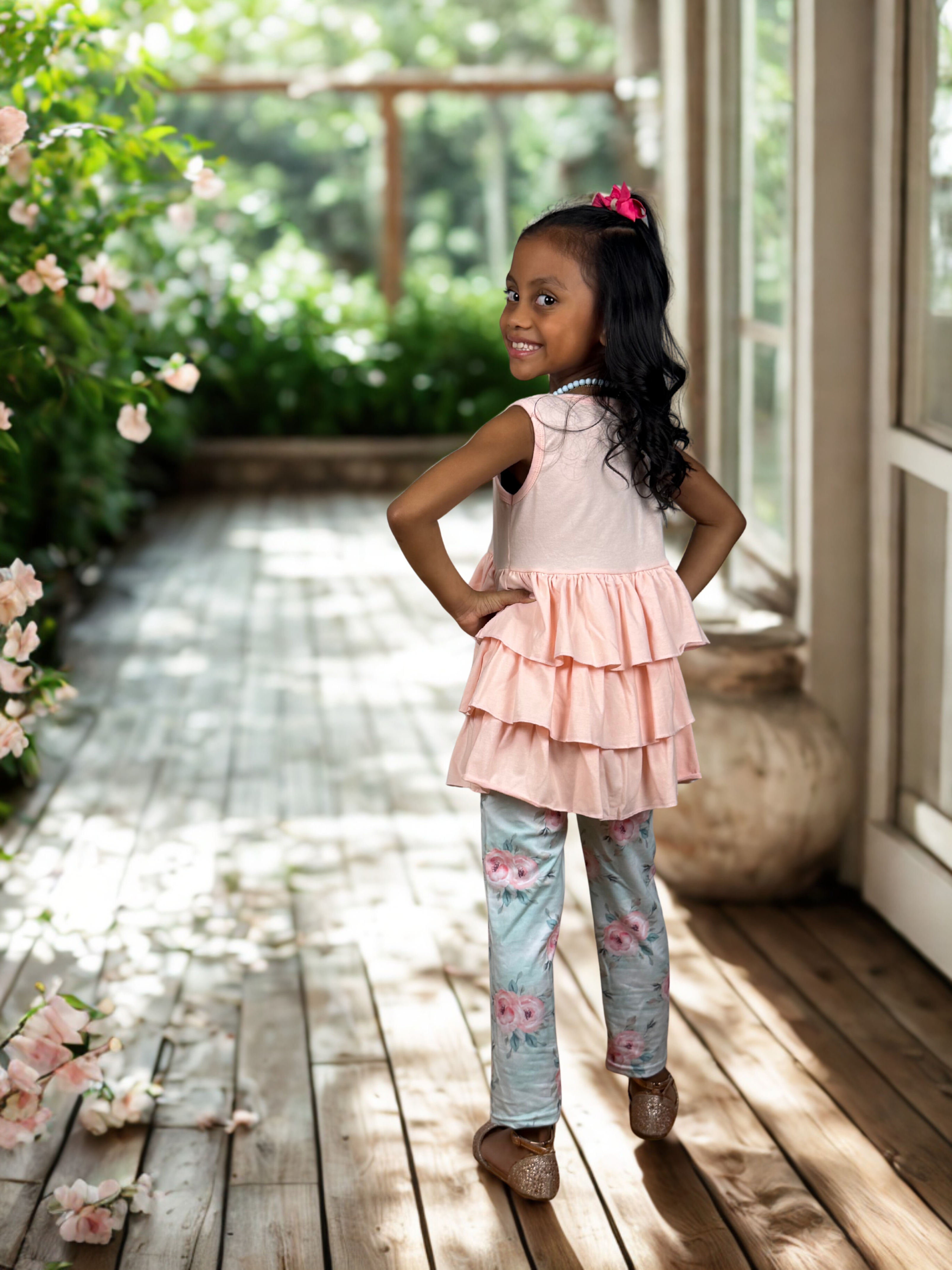 Peach Ruffle Top & Floral Leggings Set for Girls – Spring/Summer Outfit