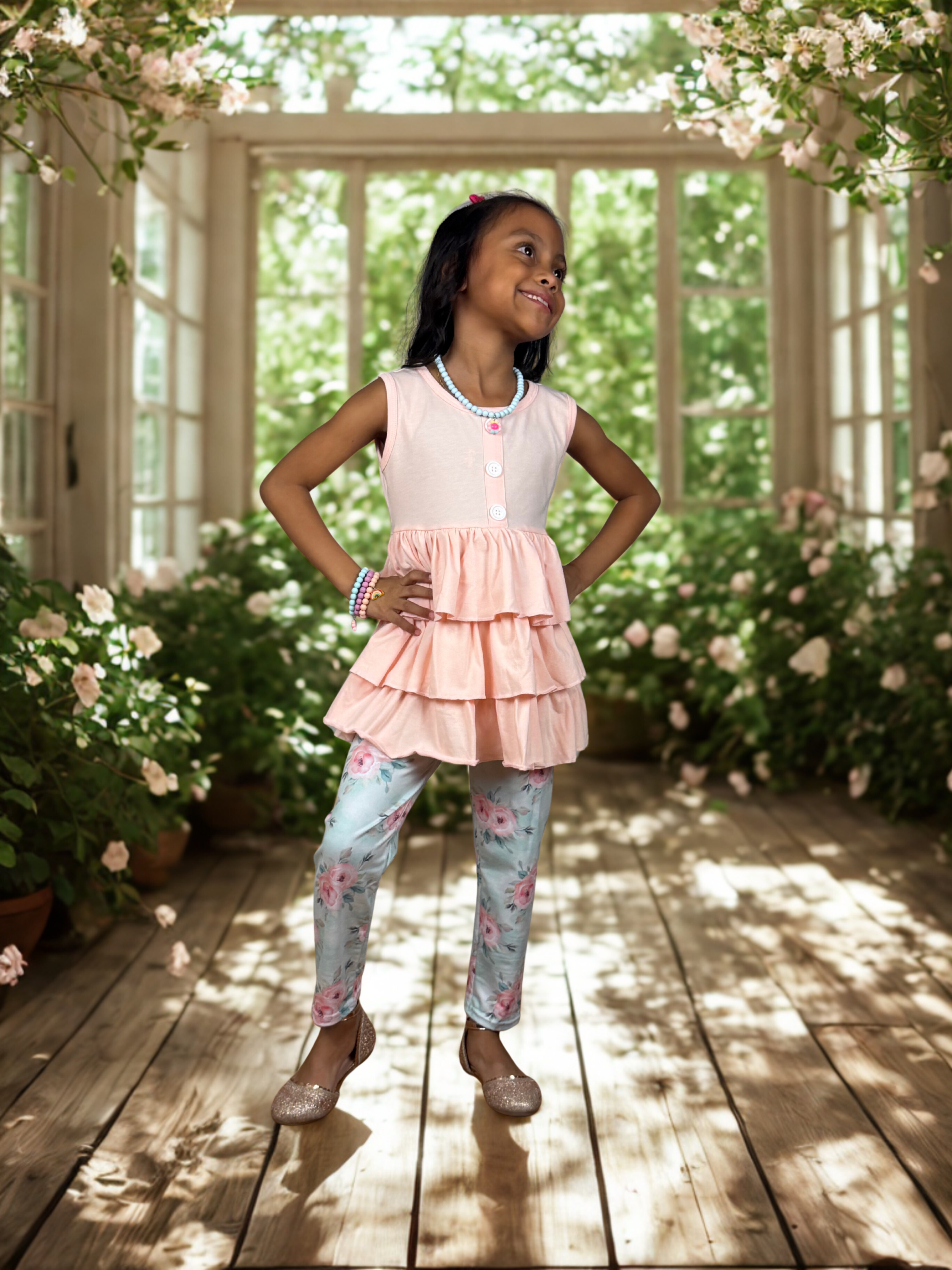 Peach Ruffle Top & Floral Leggings Set for Girls – Spring/Summer Outfit