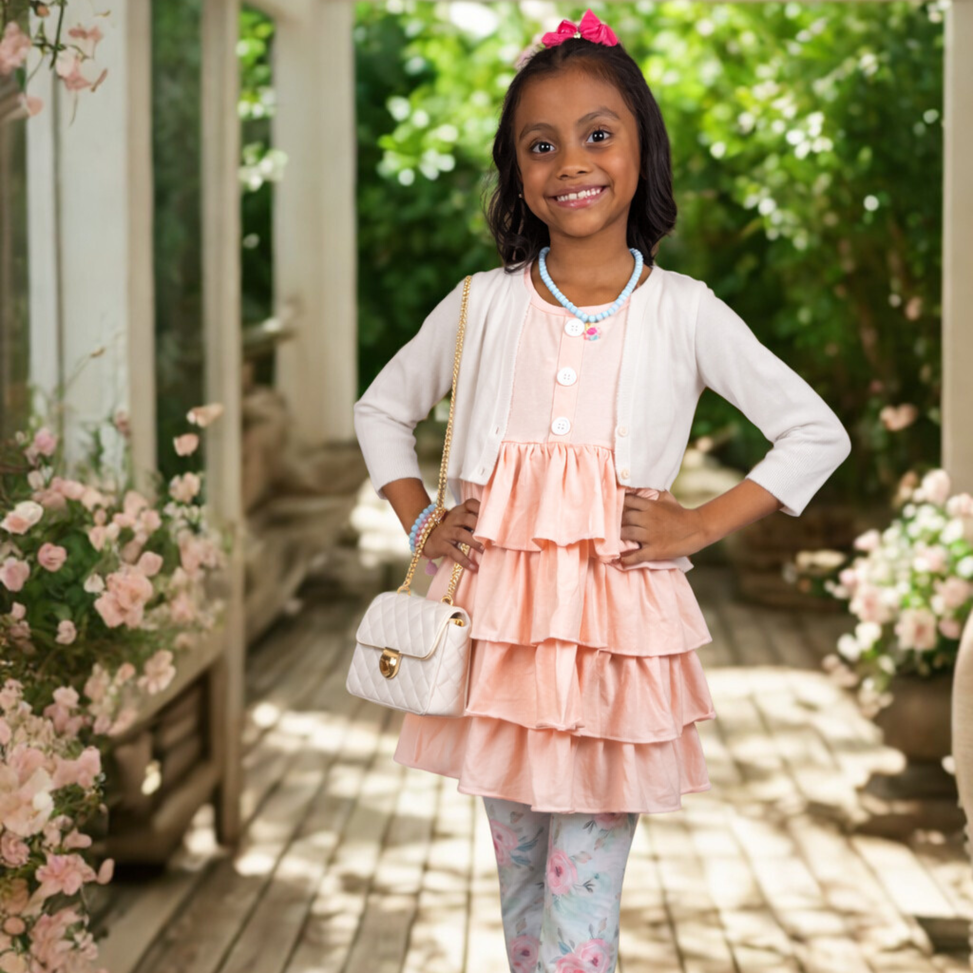 Peach Ruffle Top & Floral Leggings Set for Girls – Spring/Summer Outfit