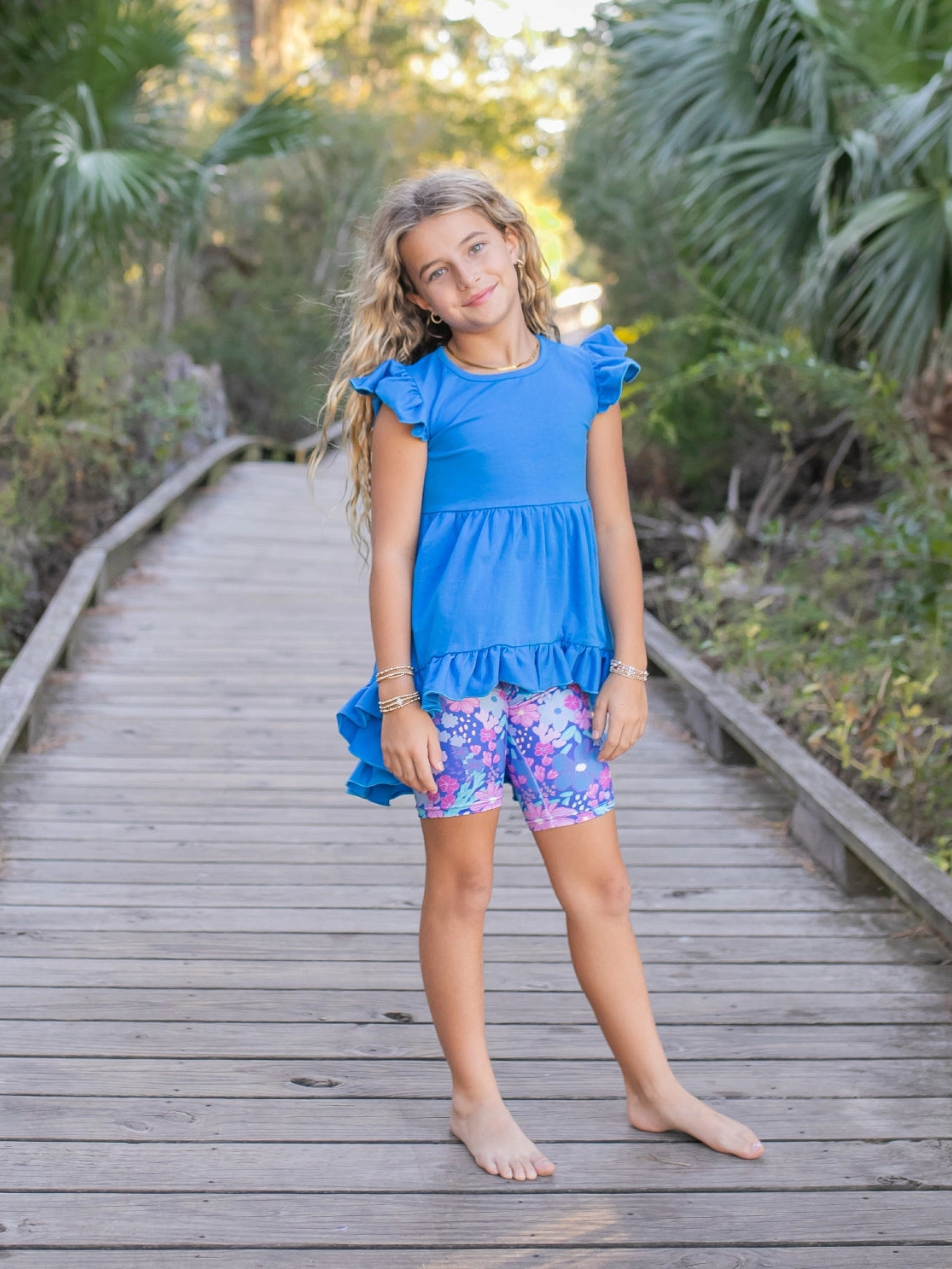 Bright Blue Floral Short Set for Girls