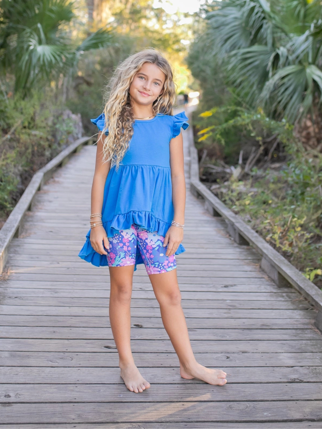 Bright Blue Floral Short Set for Girls