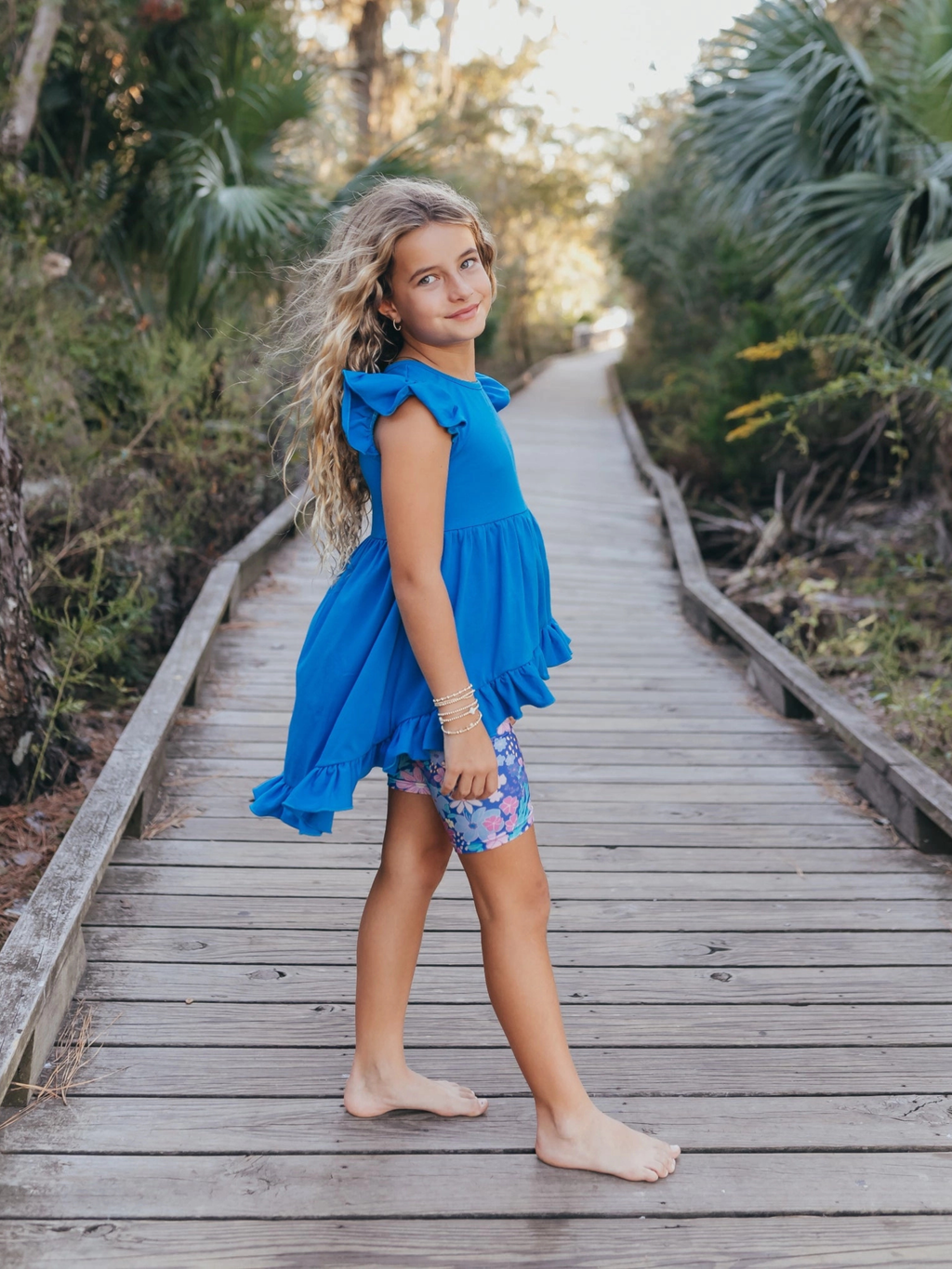 Bright Blue Floral Short Set for Girls