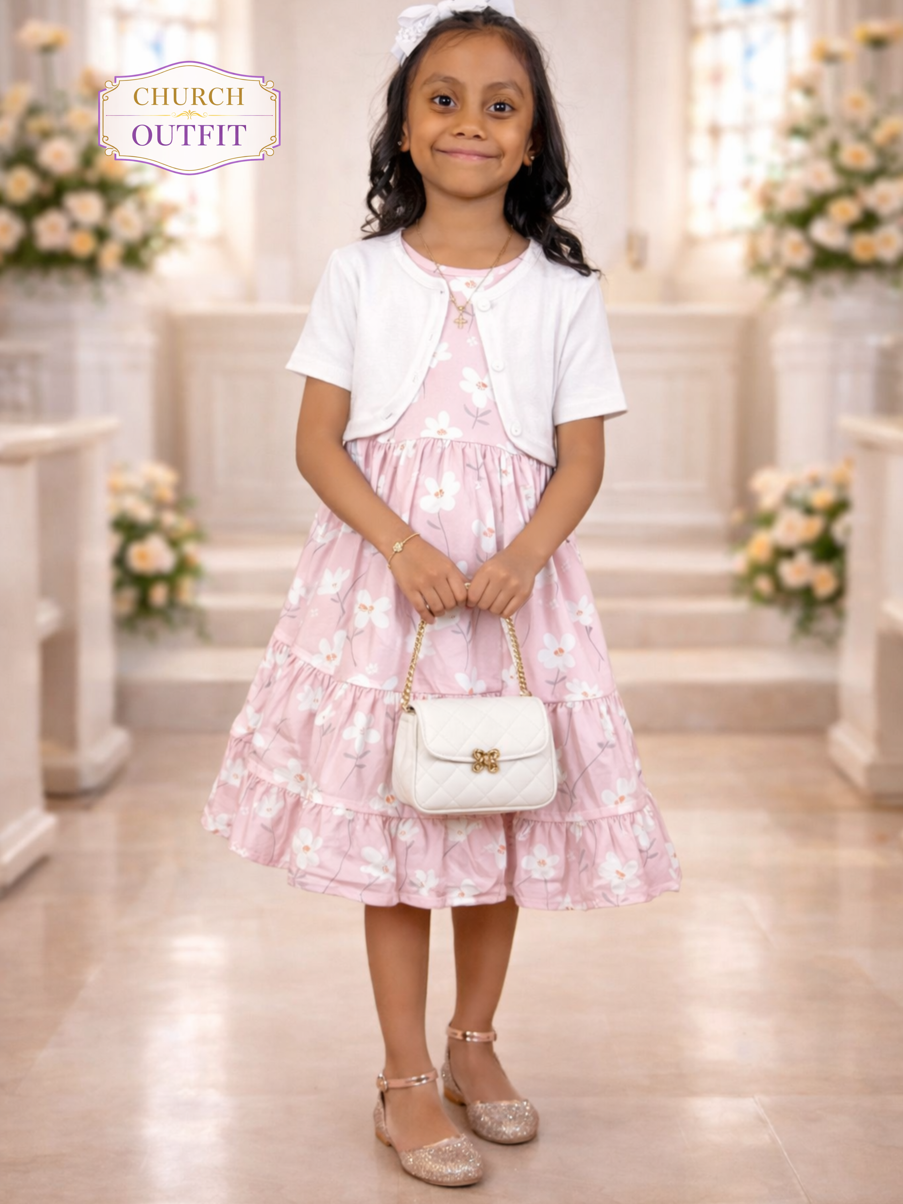 Girls Blush Floral Flutter Sleeve Twirl Dress