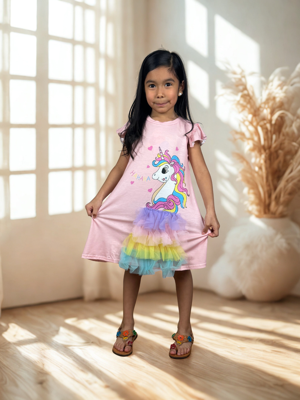 Girls Unicorn Rainbow Tutu Flutter Sleeve Dress