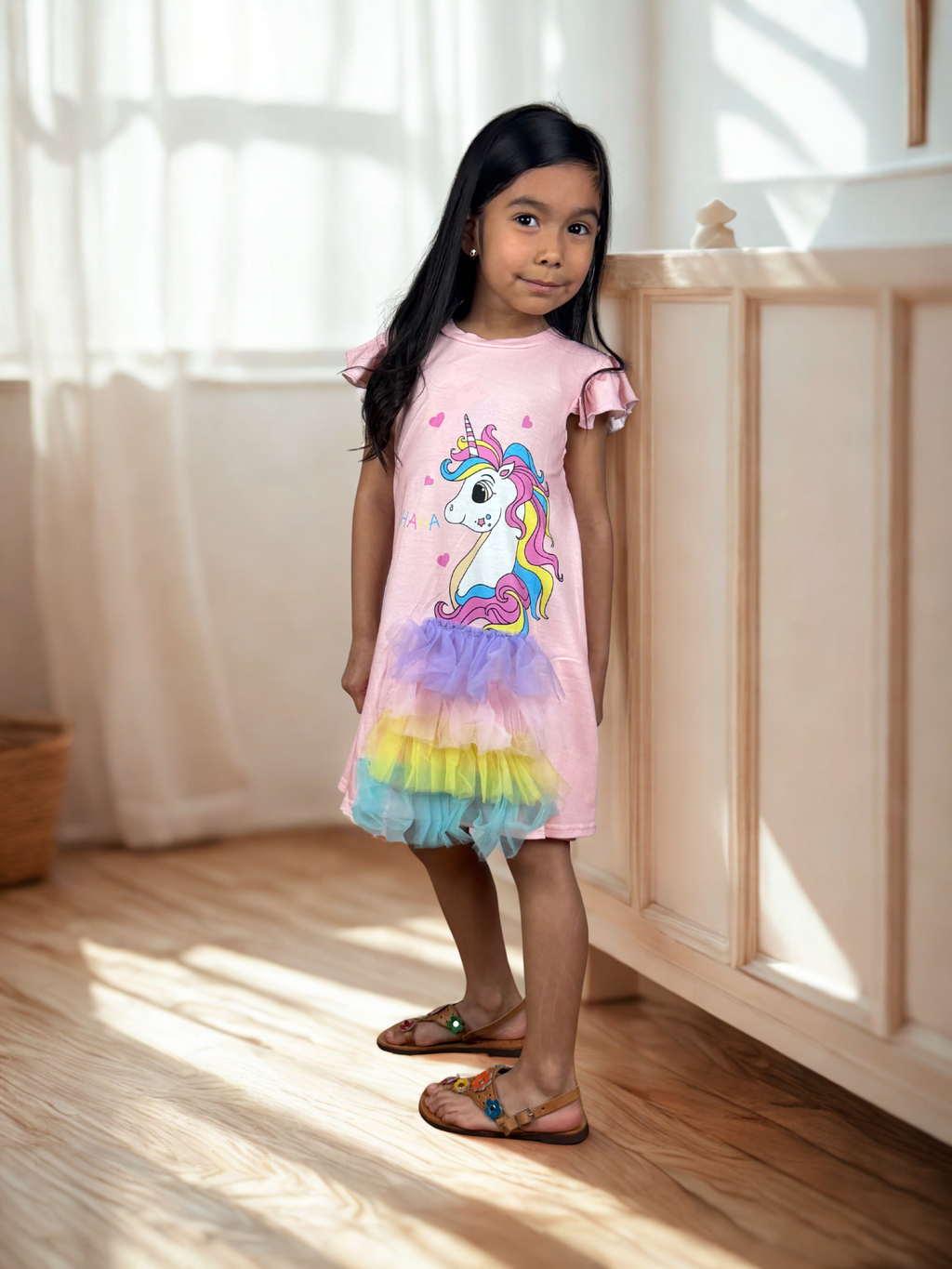Girls Unicorn Rainbow Tutu Flutter Sleeve Dress