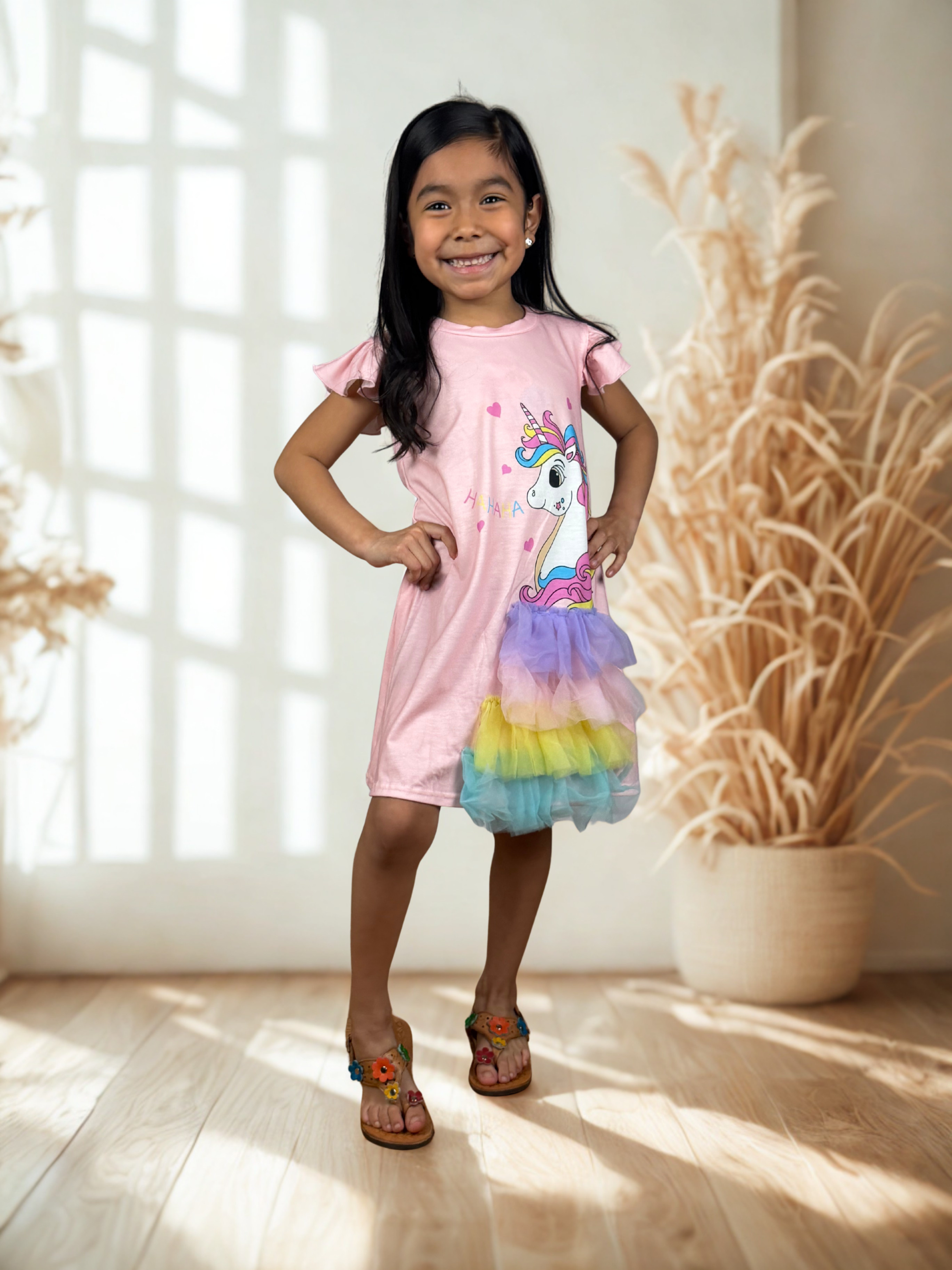 Girls Unicorn Rainbow Tutu Flutter Sleeve Dress