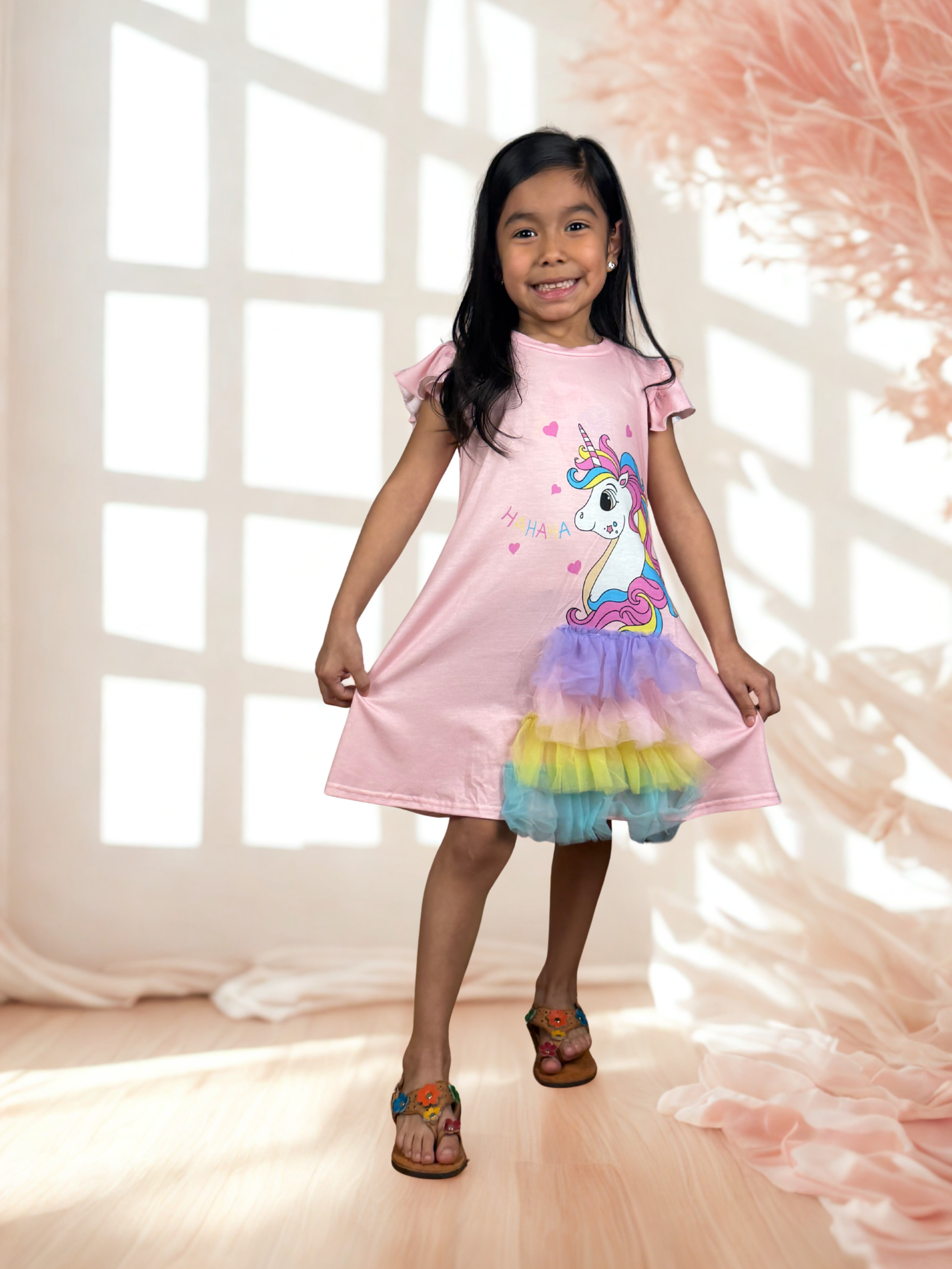 Girls Unicorn Rainbow Tutu Flutter Sleeve Dress