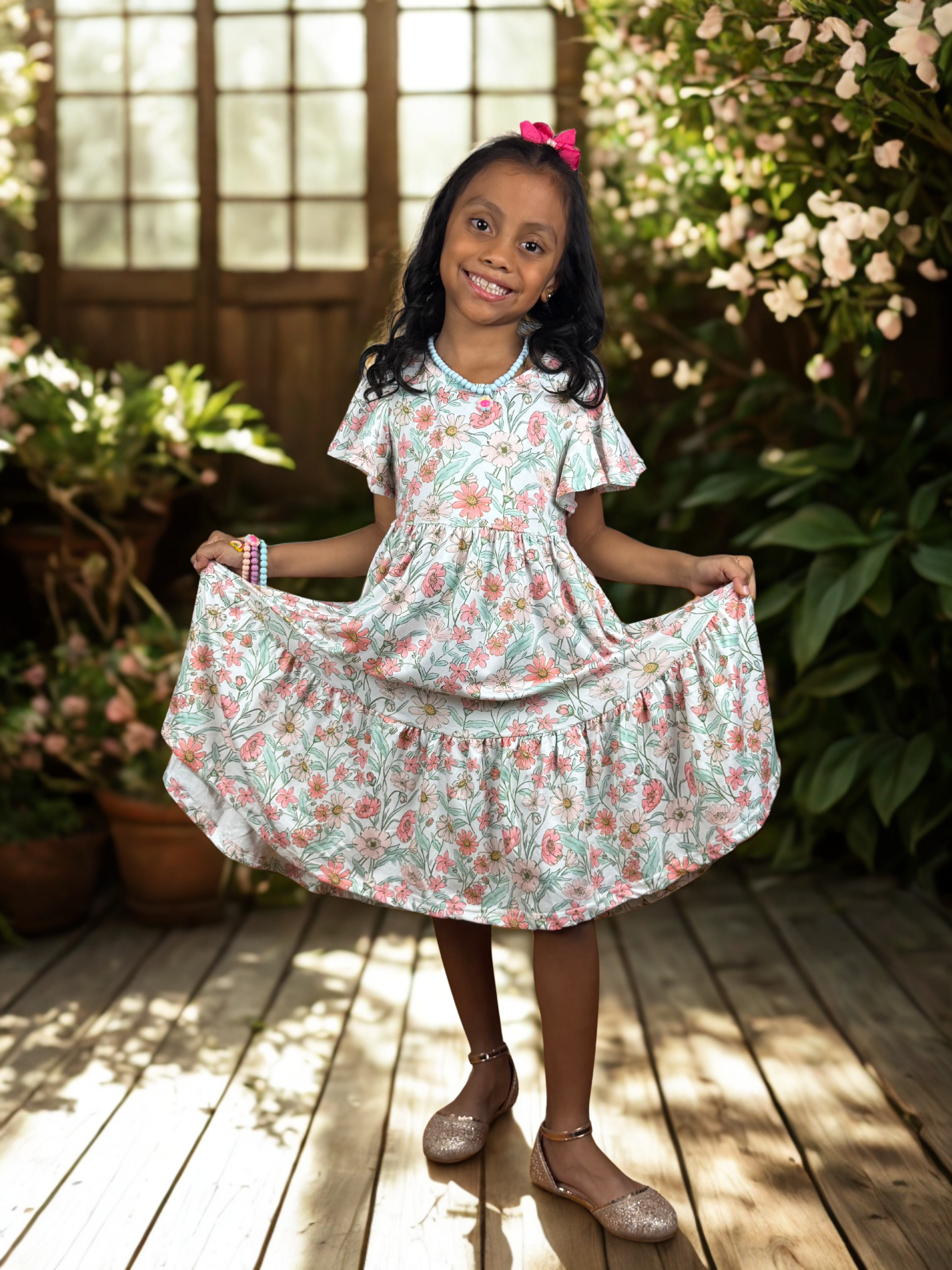 Girls Vintage Floral Flutter Sleeve Twirl Dress