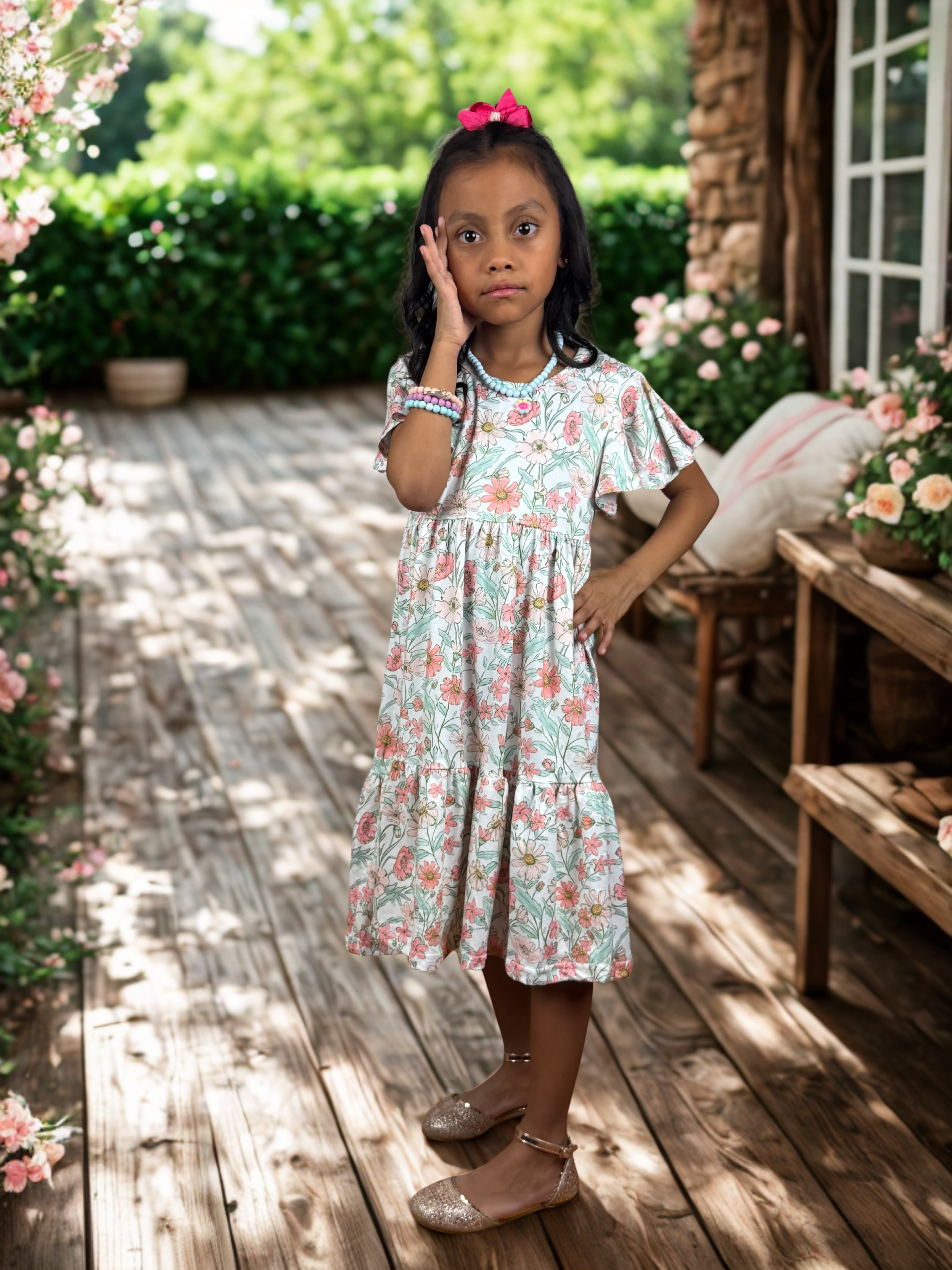 Girls Vintage Floral Flutter Sleeve Twirl Dress