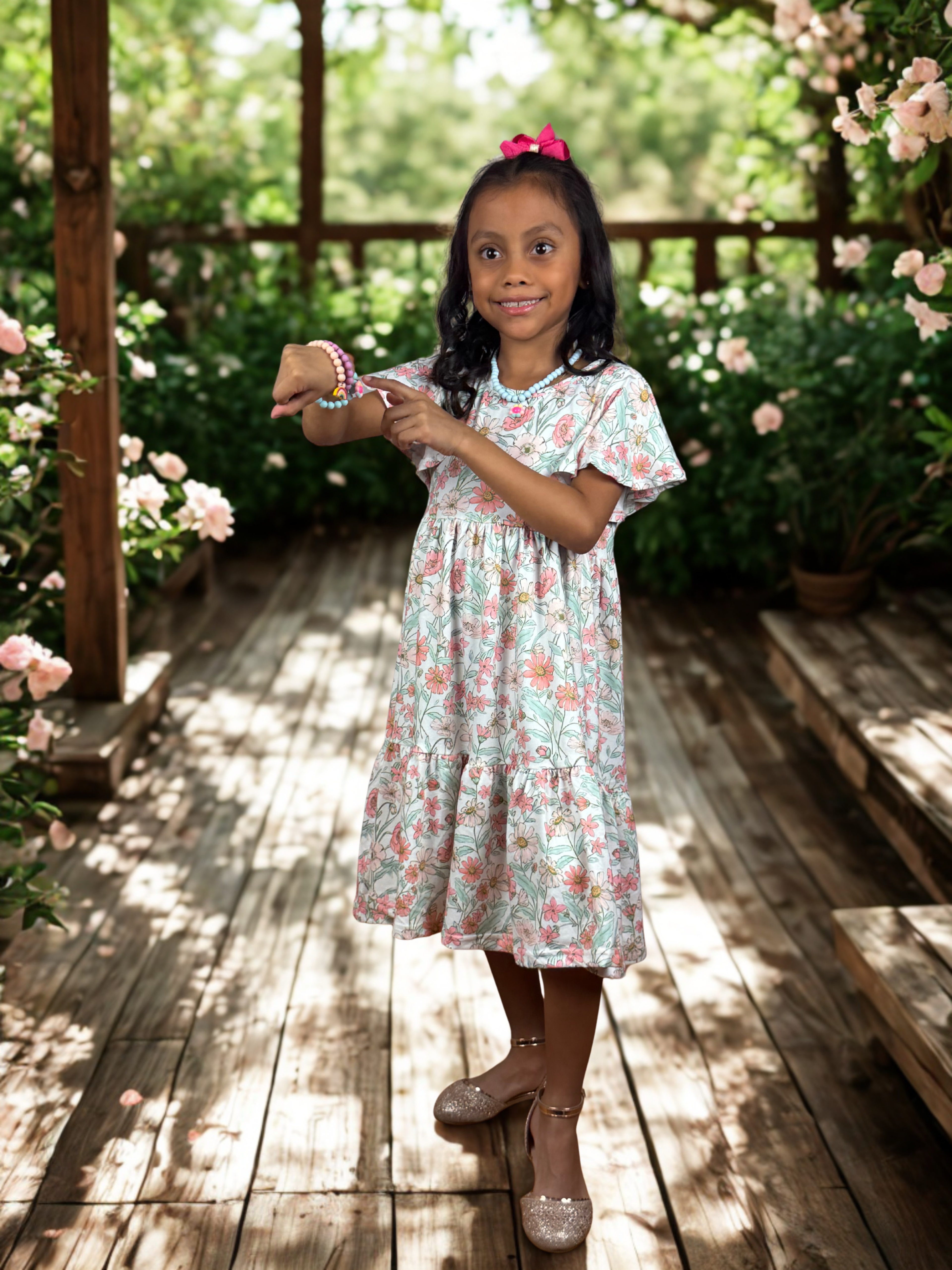 Girls Vintage Floral Flutter Sleeve Twirl Dress