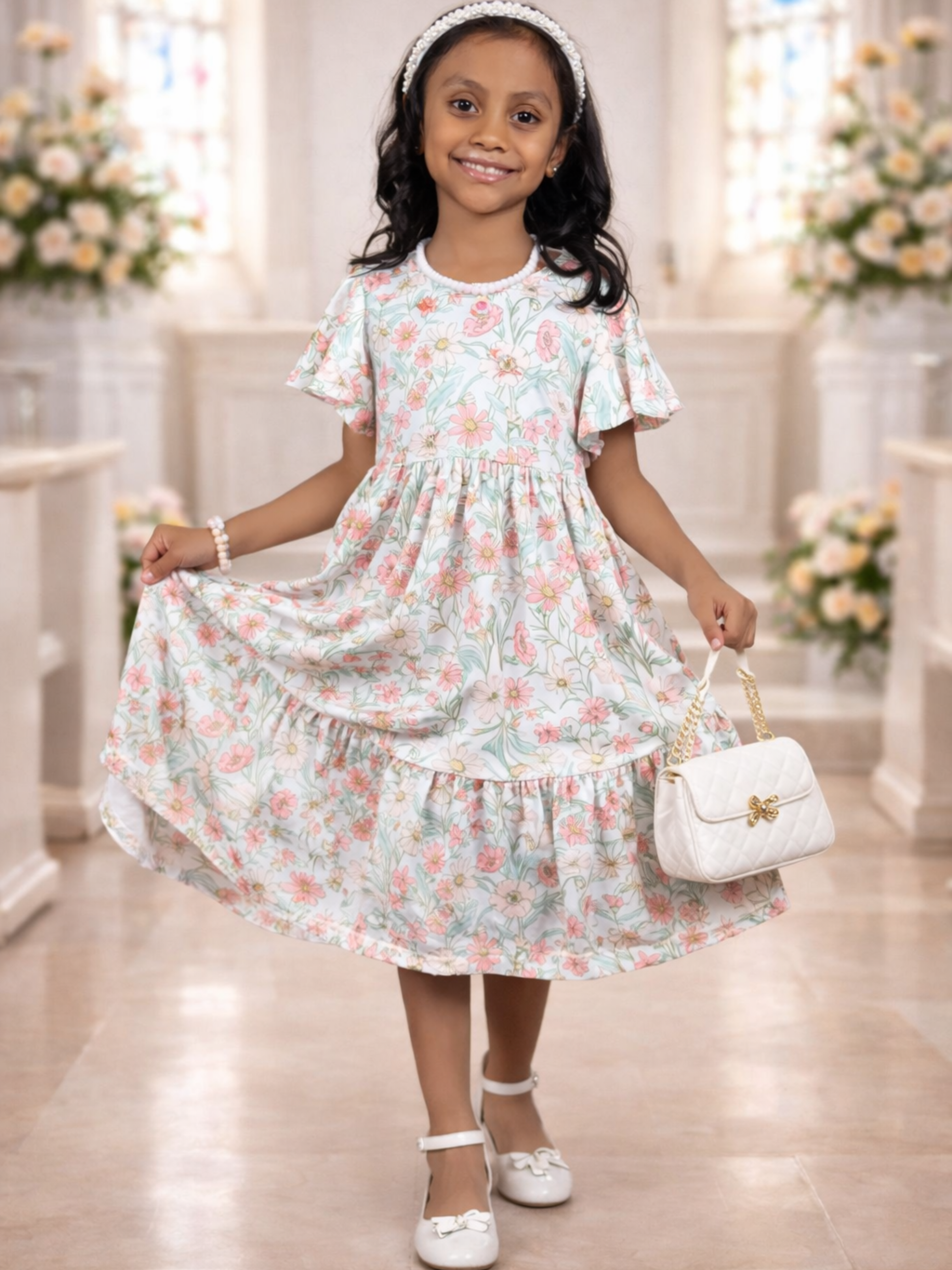 Girls Vintage Floral Flutter Sleeve Twirl Dress