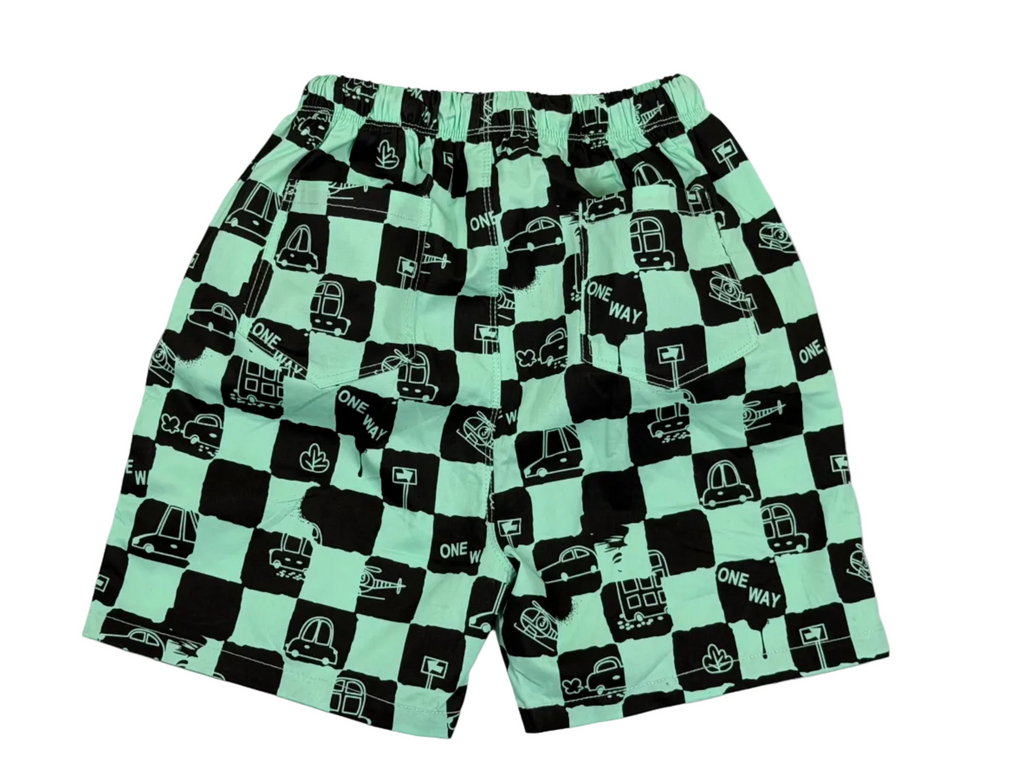 Boys Car Print Grey T-Shirt & Checkered Shorts Outfit Set