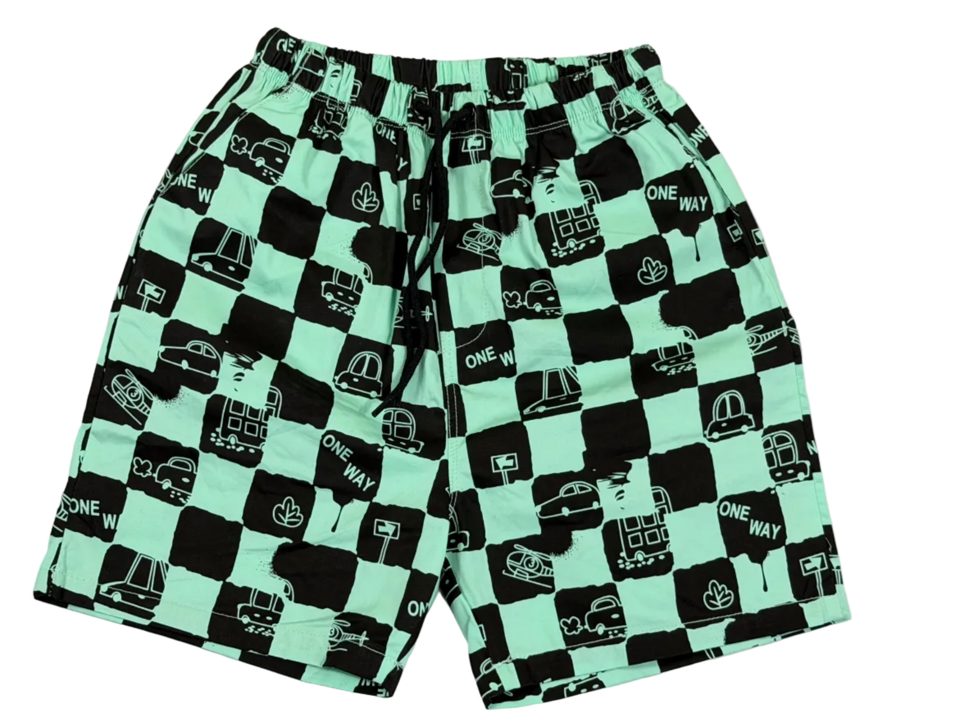 Boys Car Print Grey T-Shirt & Checkered Shorts Outfit Set