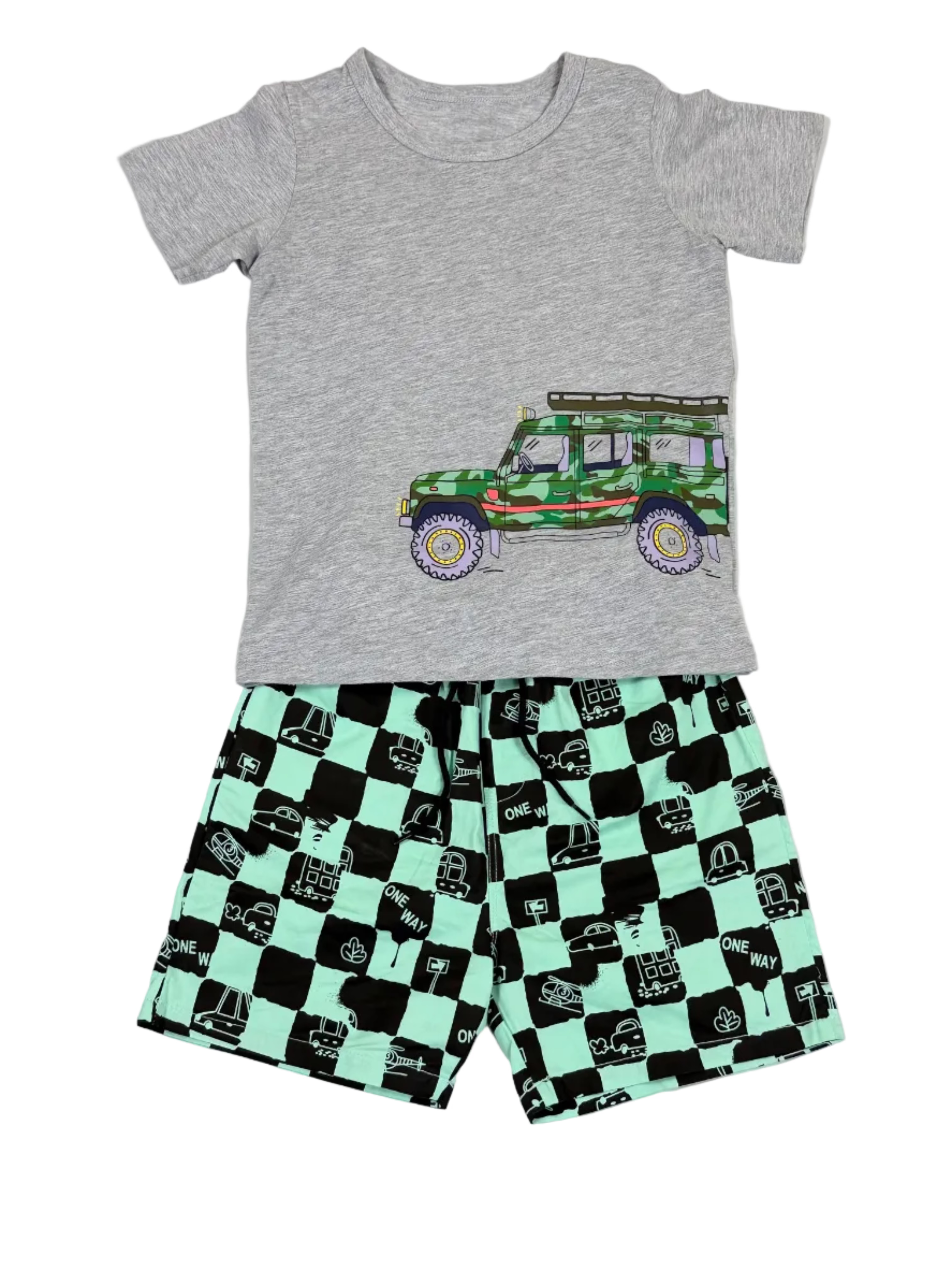 Boys Car Print Grey T-Shirt & Checkered Shorts Outfit Set