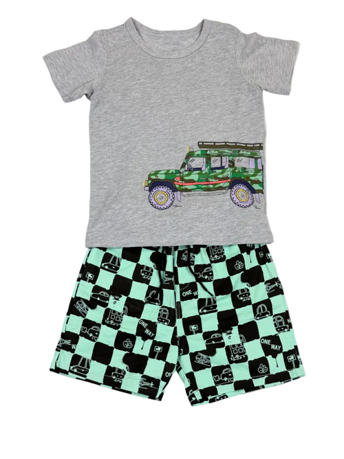 Boys Car Print Grey T-Shirt & Checkered Shorts Outfit Set
