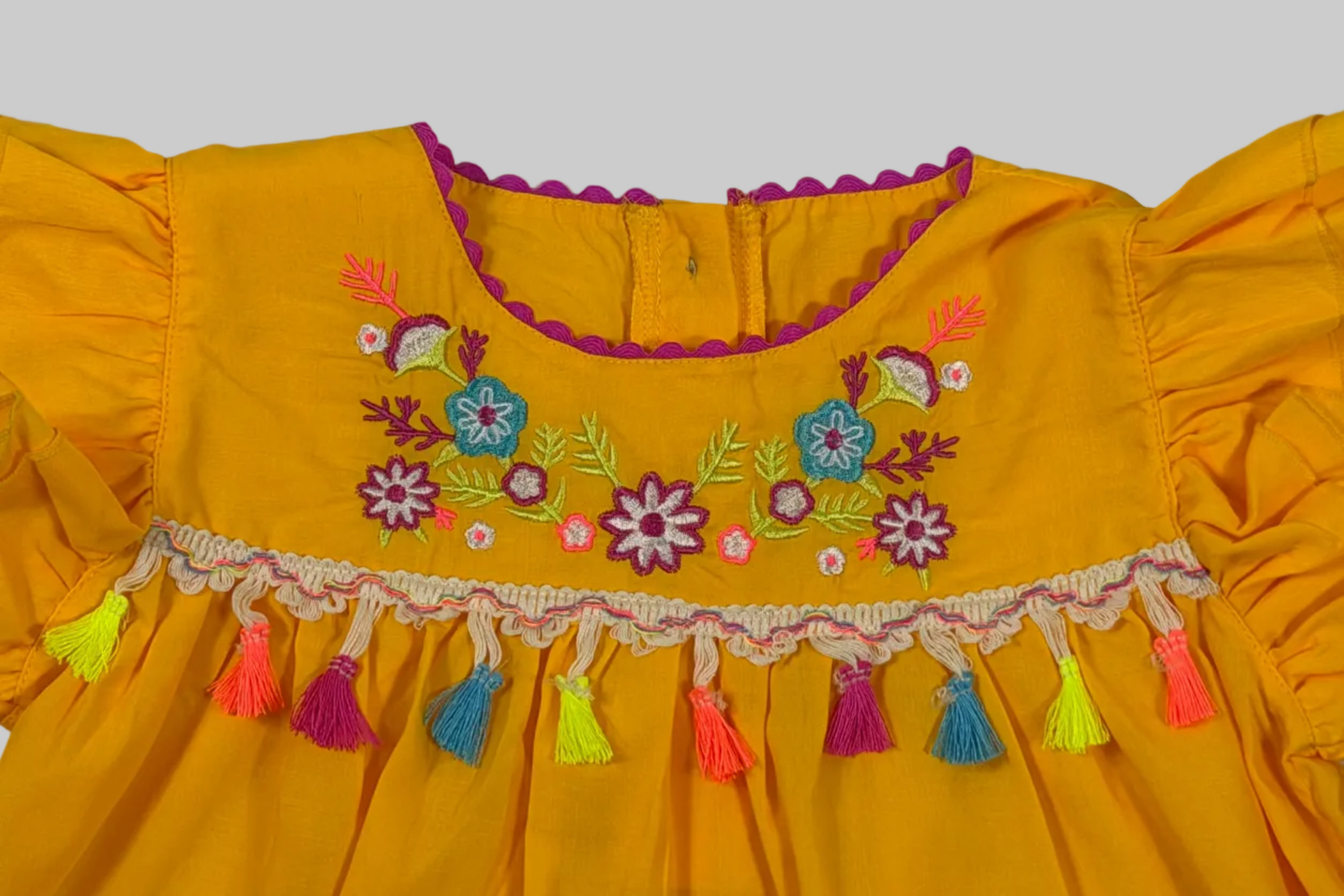 Girls Embroidered Yellow Dress with Colorful Tassels