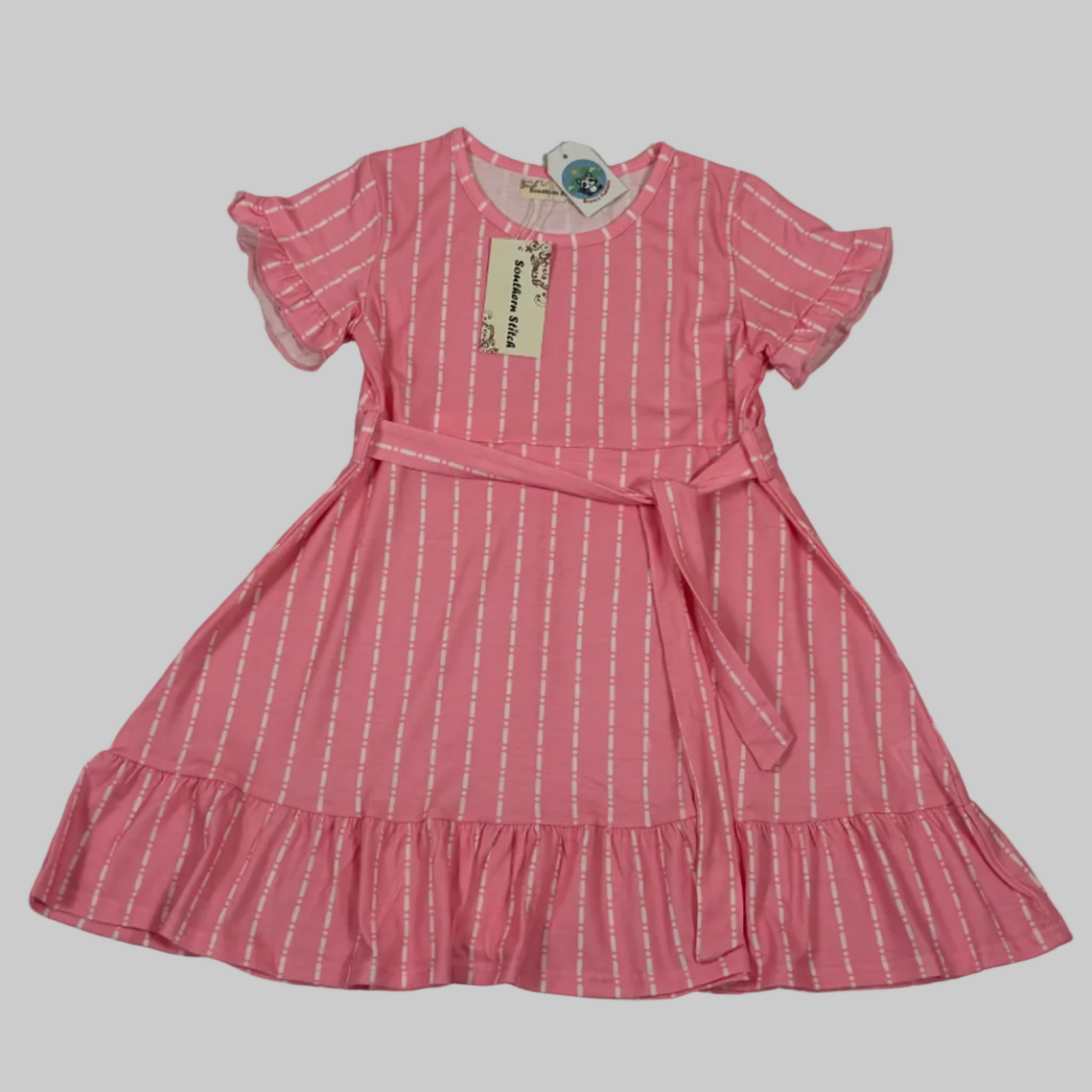 Girls Pink Striped Ruffle Dress