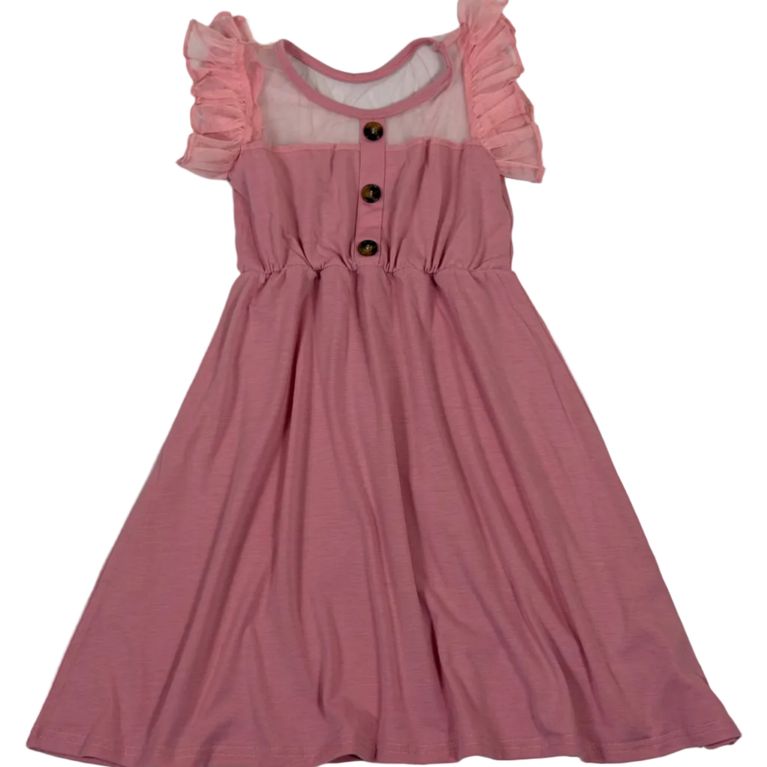 Girls Elegant Rose Pink Dress with Tulle Ruffle Sleeves