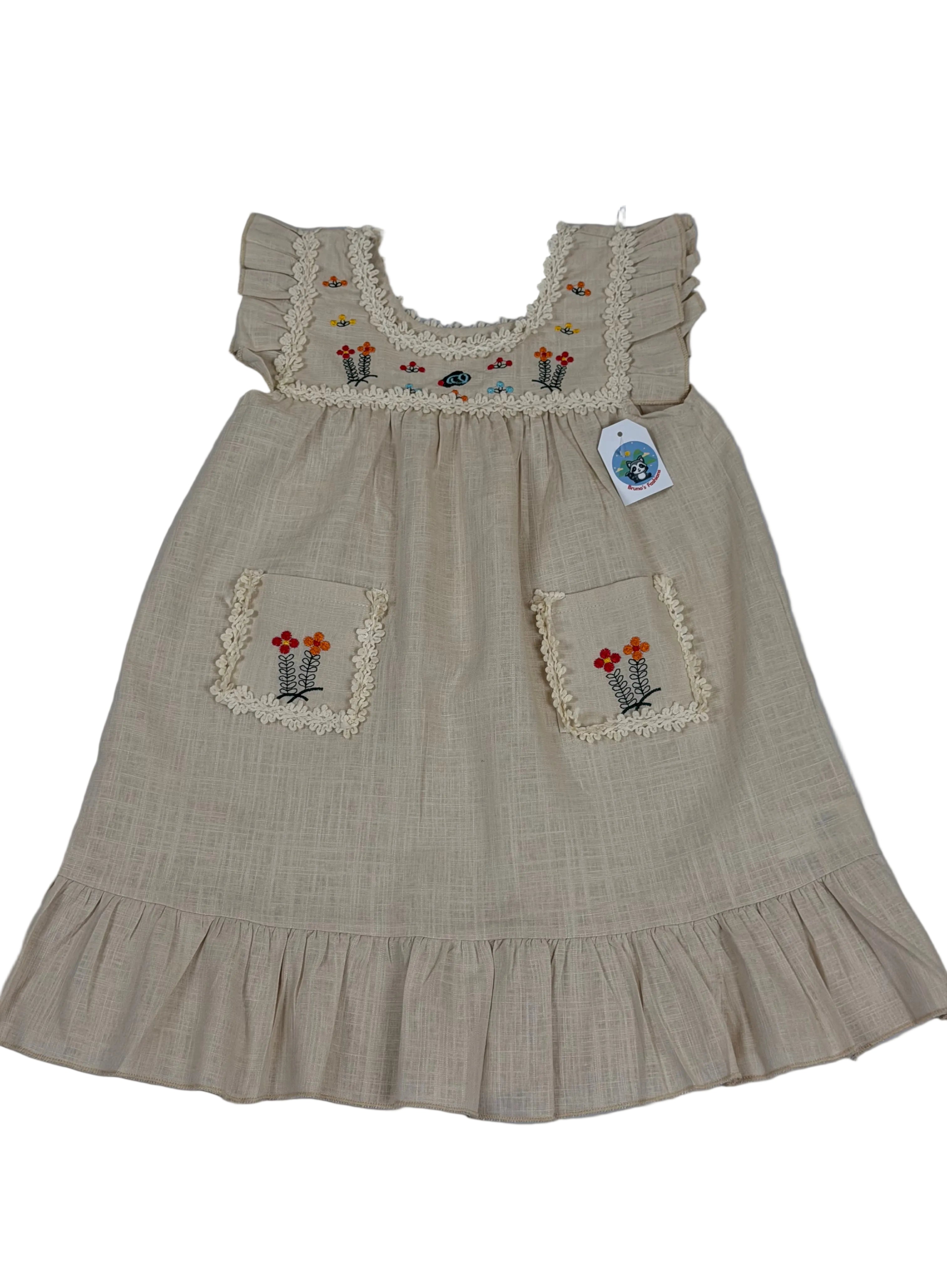 Girls Embroidered Linen Blend Dress – Natural Beige