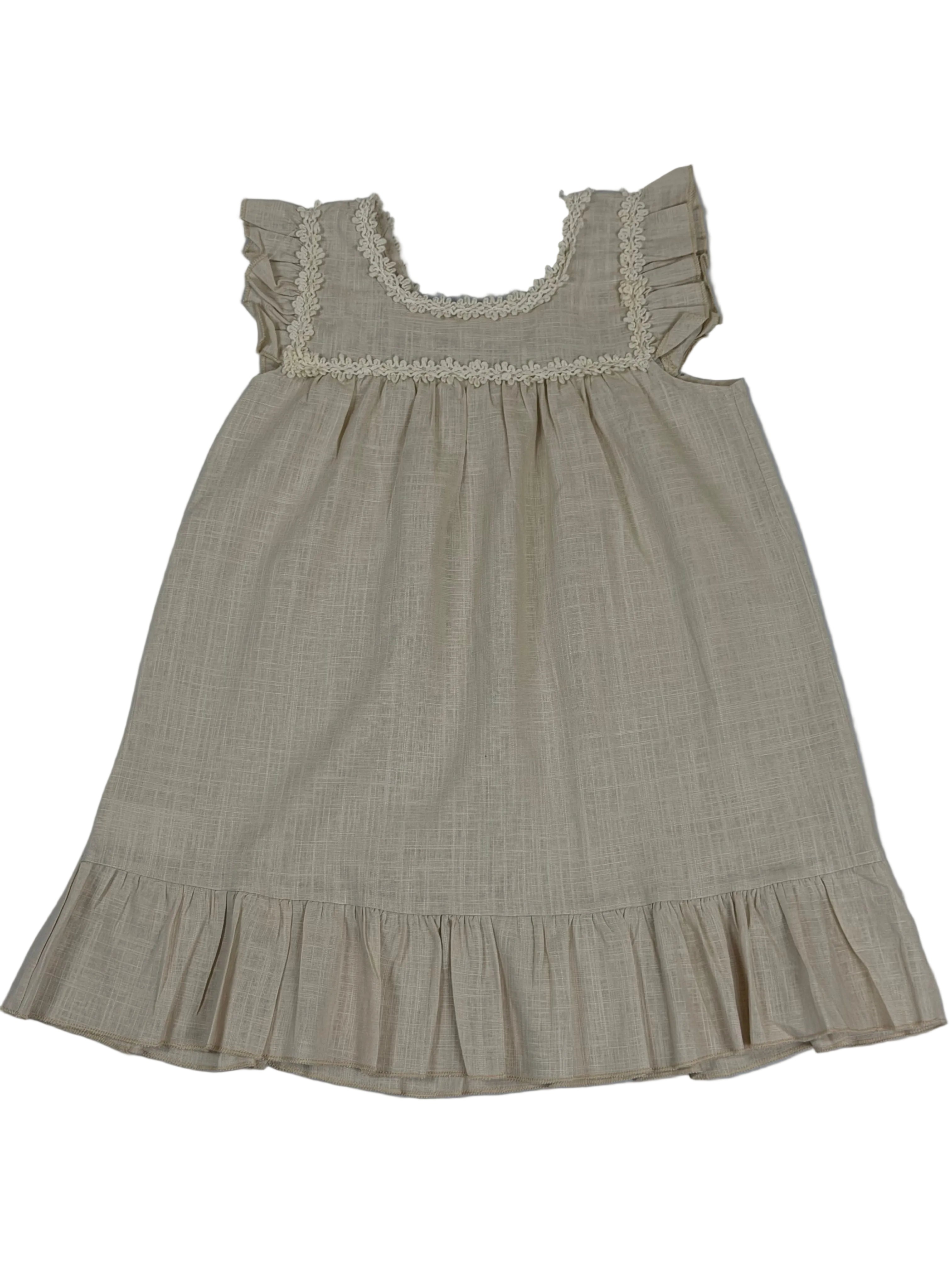 Girls Embroidered Linen Blend Dress – Natural Beige