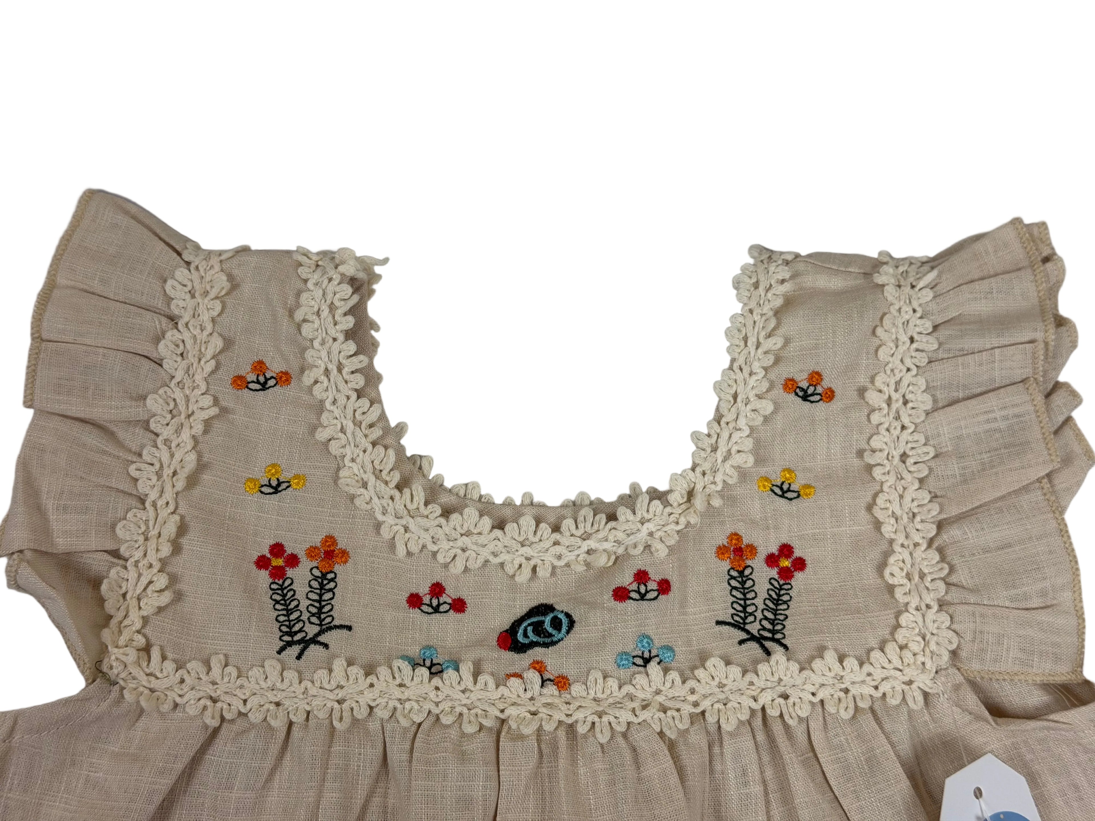 Girls Embroidered Linen Blend Dress – Natural Beige