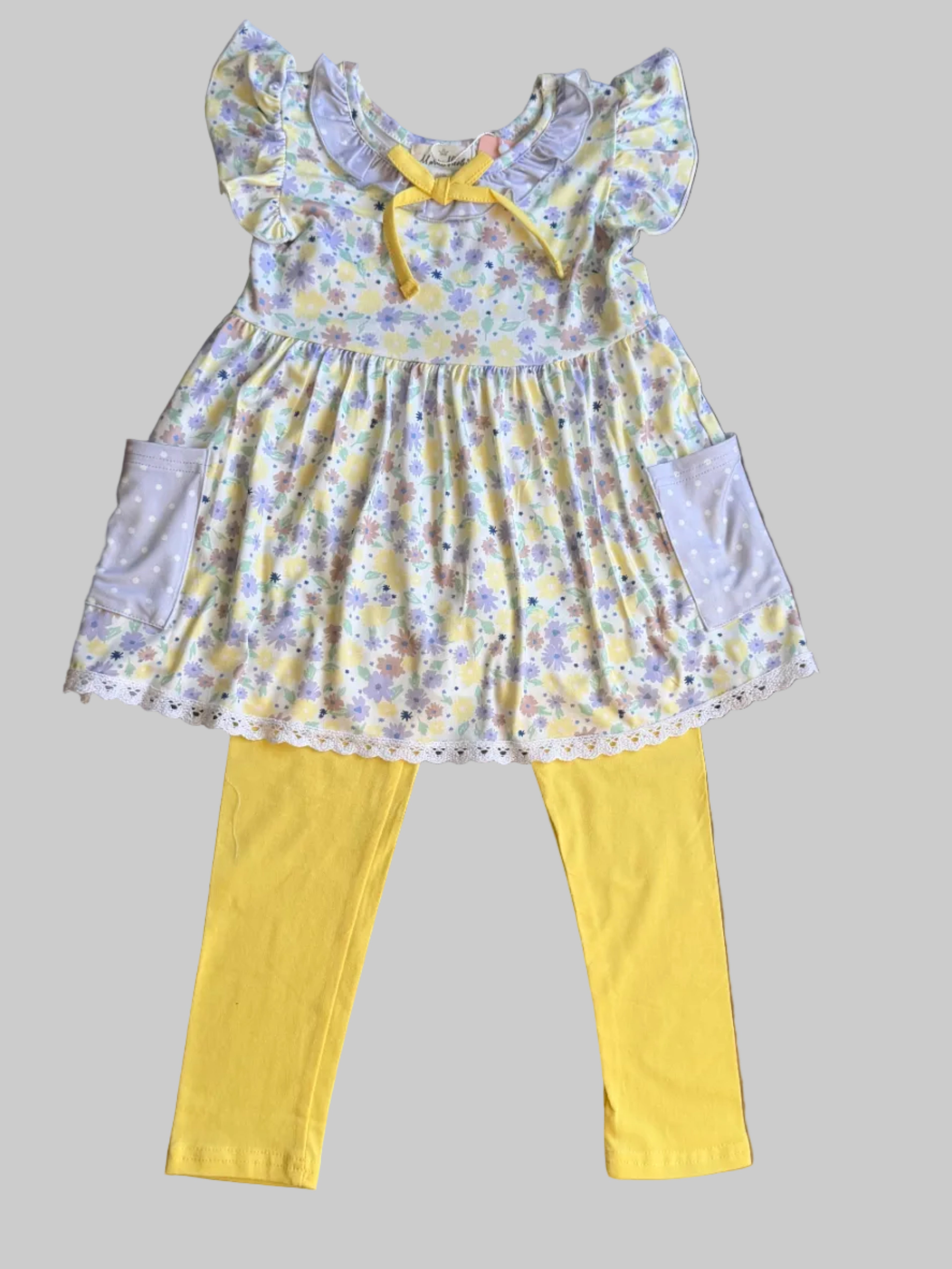 Floral Ruffle Outfit Set with Yellow Leggings – Girls