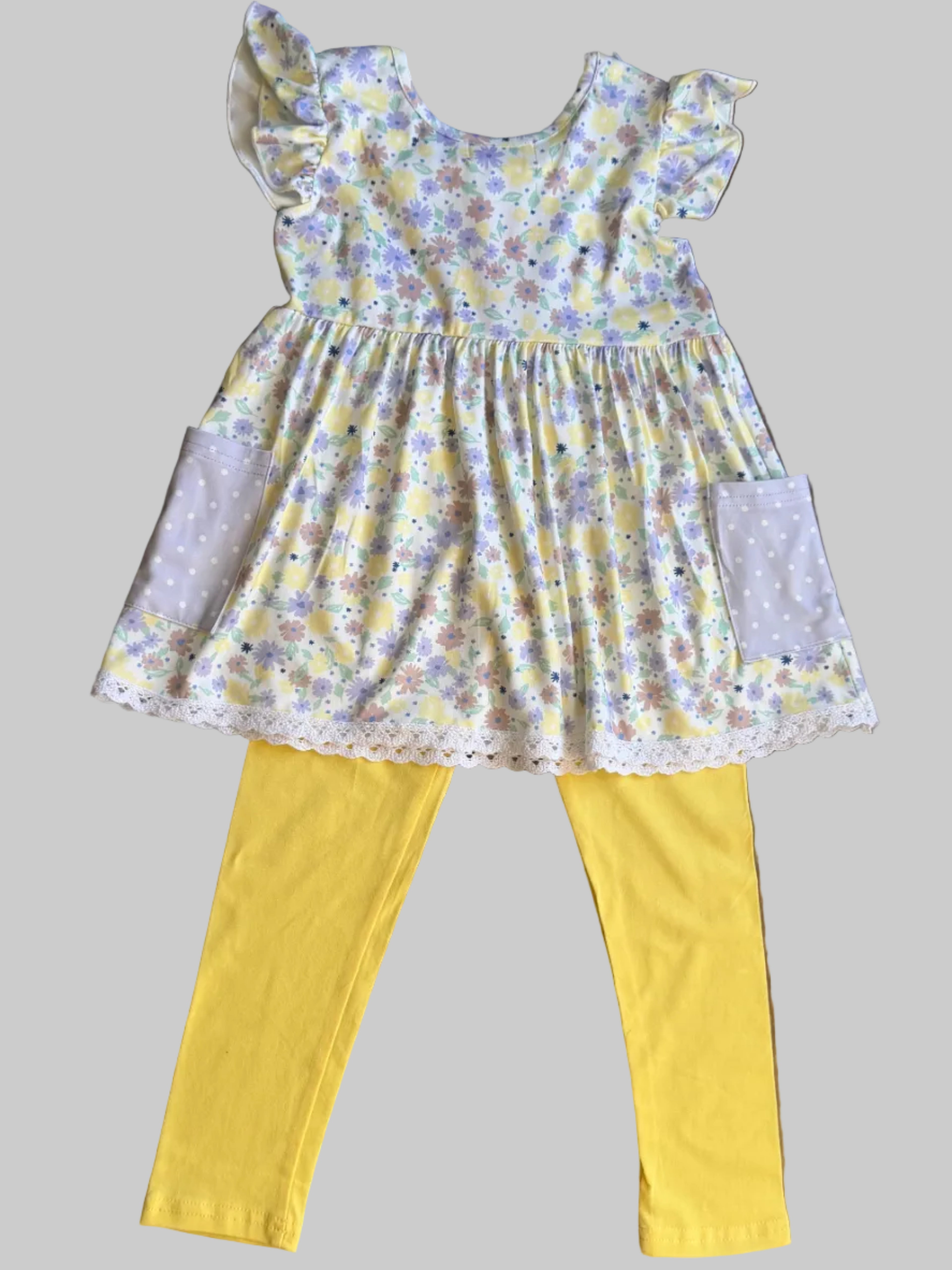 Floral Ruffle Outfit Set with Yellow Leggings – Girls