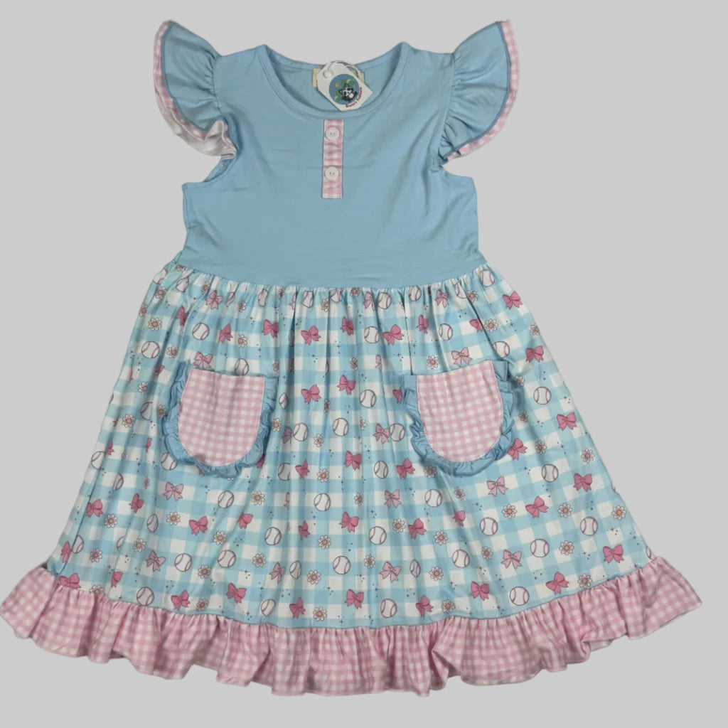 Girls Blue Bowtie Ruffle Dress