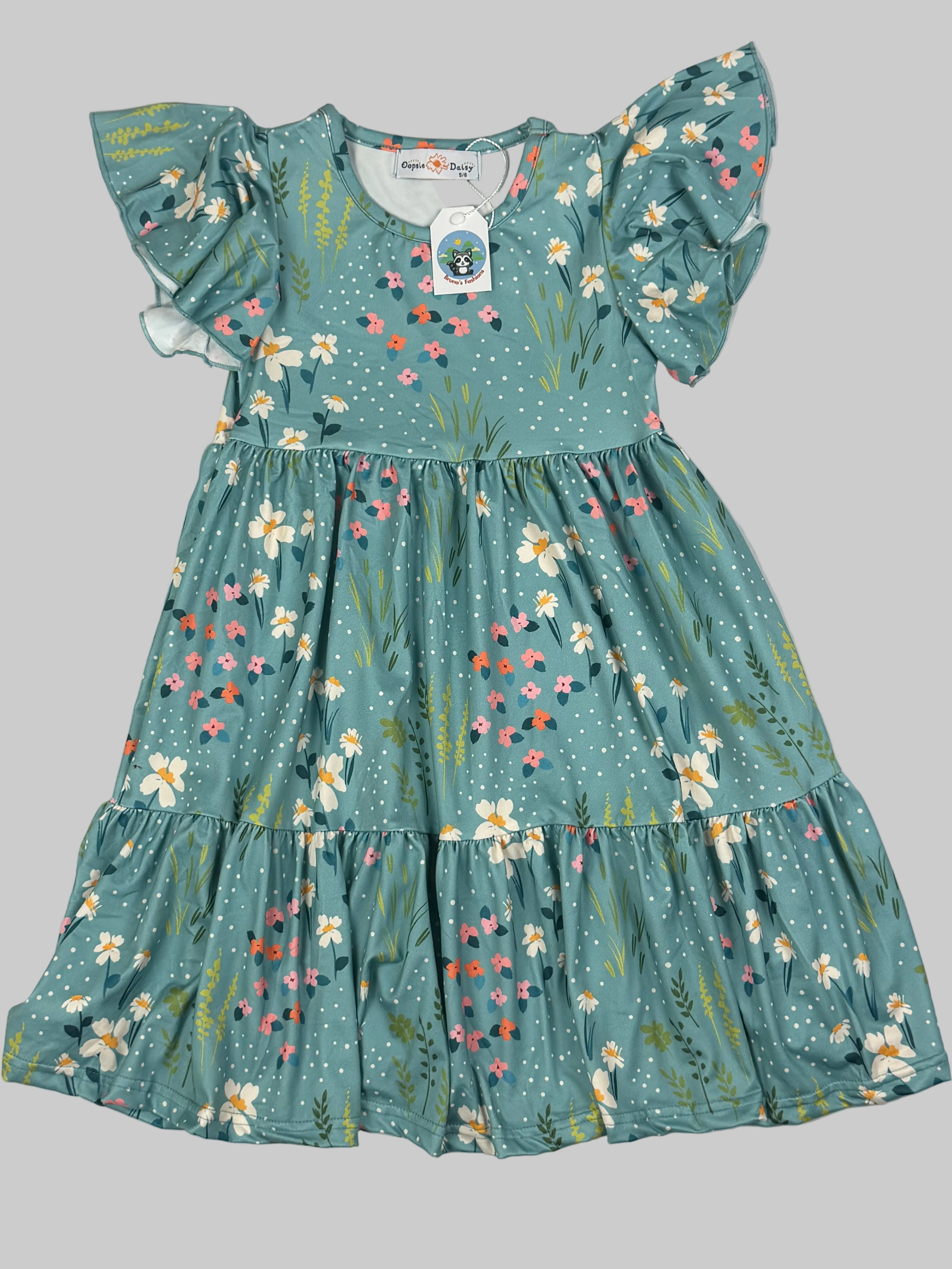 Girls Teal Floral Flutter Sleeve Dress